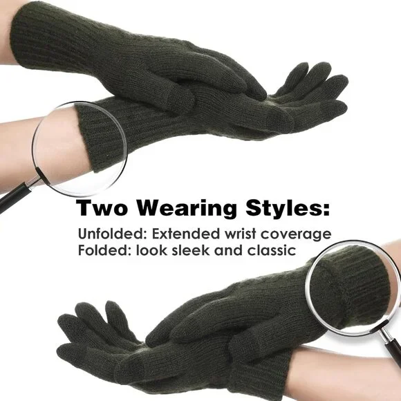 Women's Dark Green Touch Screen Elastic Knit Lined Stylish Winter Warm Gloves